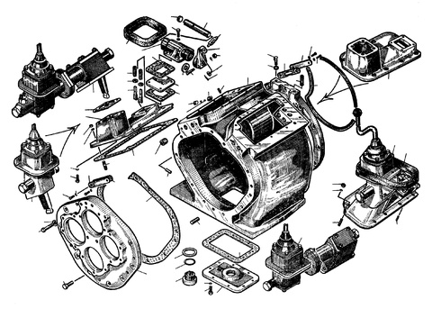 Корпус коробки передач с крышками и механизмами переключения передач
